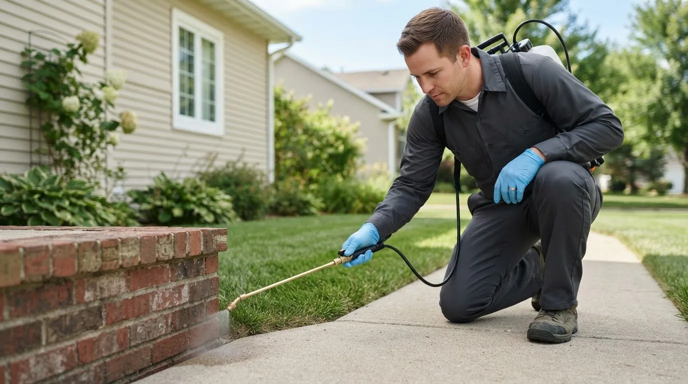 Pest control technician treating a home near Bay Village, OH