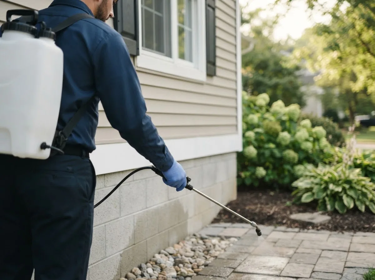 Pest control technician inspecting a home in Bay Village, OH